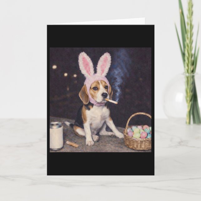 Funny Beagle Dog Retro Bunny Ears Smoking Easter E Card (Front)