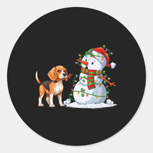 Funny Beagle Dog Snowman Christmas Tree Lights Xma Classic Round Sticker (Front)
