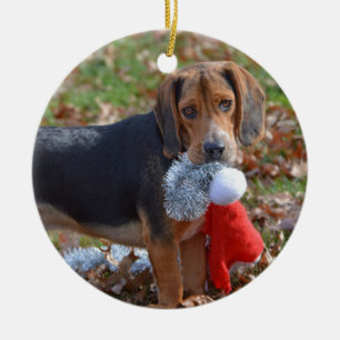 Funny Beagle Pup Took Santa's Hat Ceramic Tree Decoration