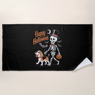 Funny Beagle Skeleton Dog Walking Beach Towel