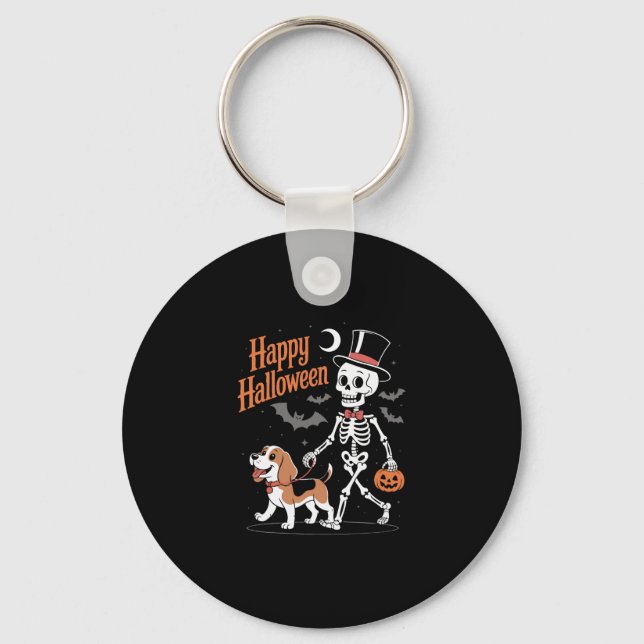 Funny Beagle Skeleton Dog Walking Key Ring (Front)