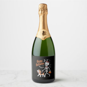 Funny Beagle Skeleton Dog Walking Sparkling Wine Label