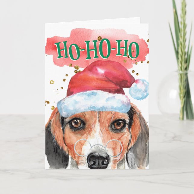 Funny beagle wearing Santa hat with greeting Holiday Card (Front)