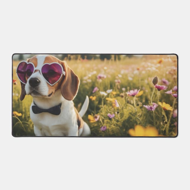 Funny Beagle Wearing Sunglasses in a Meadow Desk Mat (Front)