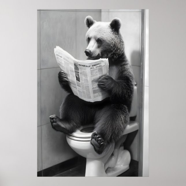 Funny Bear Bathroom Print, Toilet Newspaper Poster (Front)