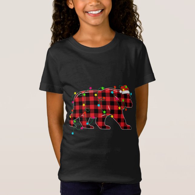 Funny Bear Christmas Tree Red Plaid Xmas Animals L T-Shirt (Front)