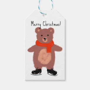 Funny bear on winter skates gift tags