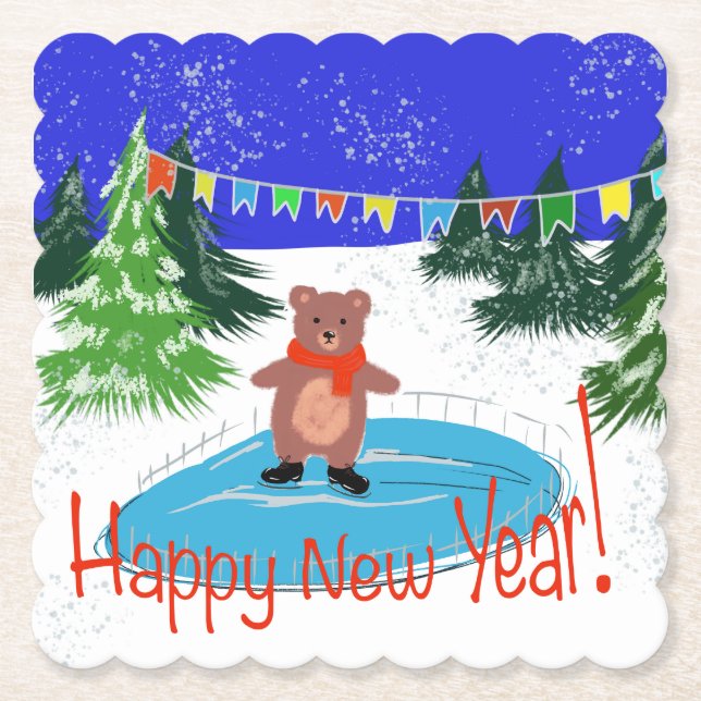 Funny bear on winter skates paper coaster (Front)