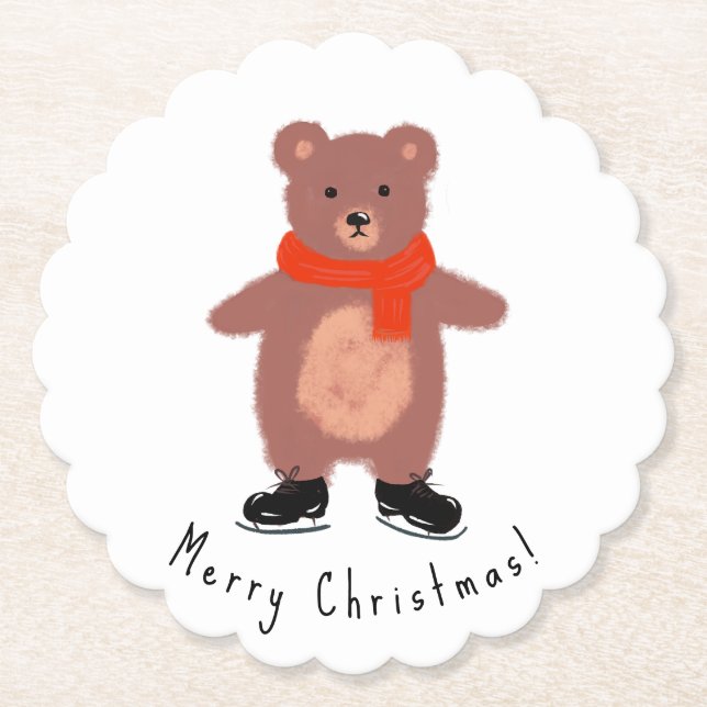Funny bear on winter skates paper coaster (Front)