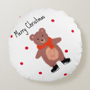 Funny bear on winter skates round cushion