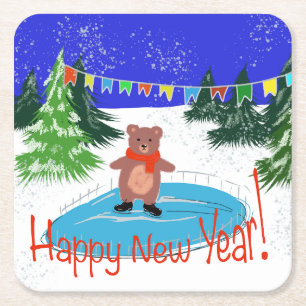 Funny bear on winter skates Square Paper Coaster