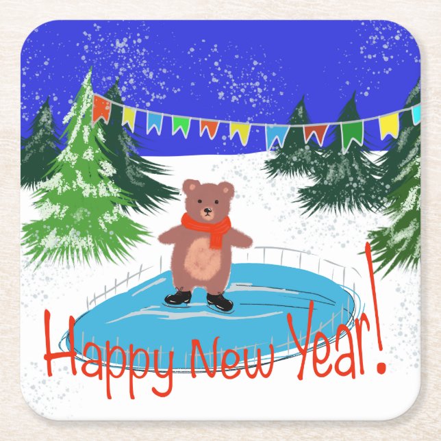  Funny bear on winter skates Square Paper Coaster (Front)