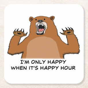 Funny Bear Only Happy During Happy Hour Square Paper Coaster
