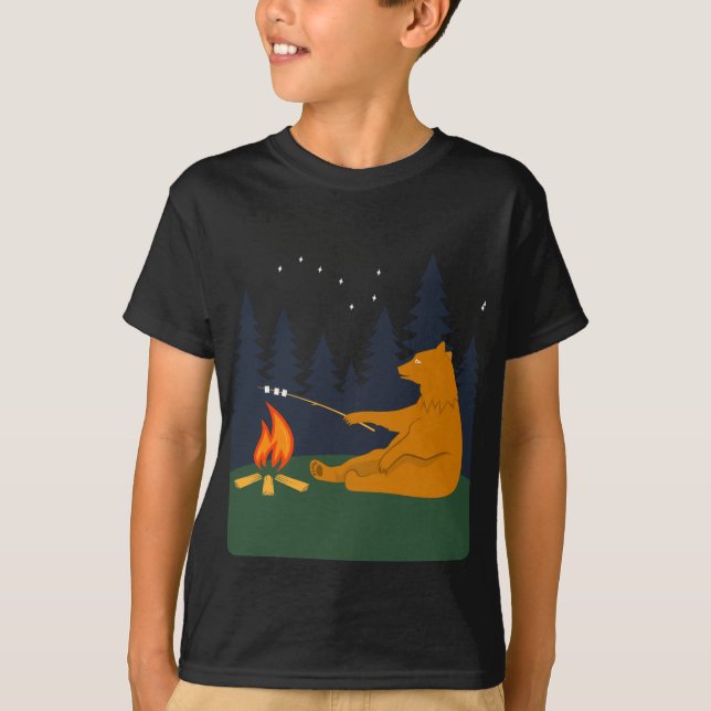Funny Bear Roasting Marshmallows Over Campfire  T-Shirt (Front)