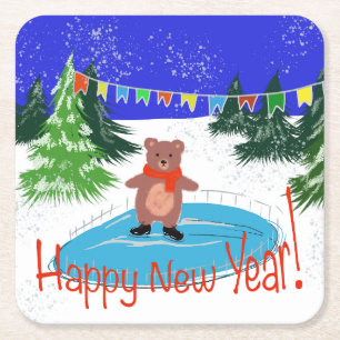 Funny bear skating Square Paper Coaster