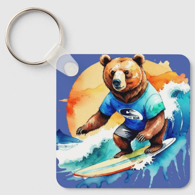 Funny bear surfing T-Shirt Key Ring (Front)