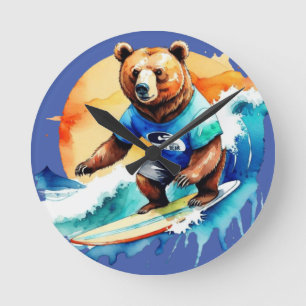 Funny bear surfing T-Shirt Round Clock