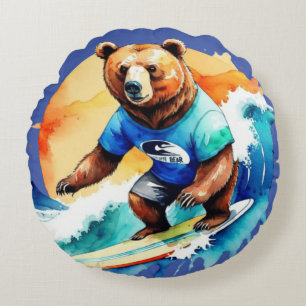 Funny bear surfing T-Shirt Round Cushion
