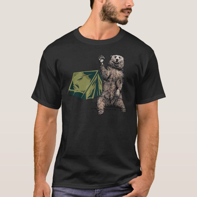 Funny Bear Waving Hiking Camping Bear Hiking T-Shirt (Front)