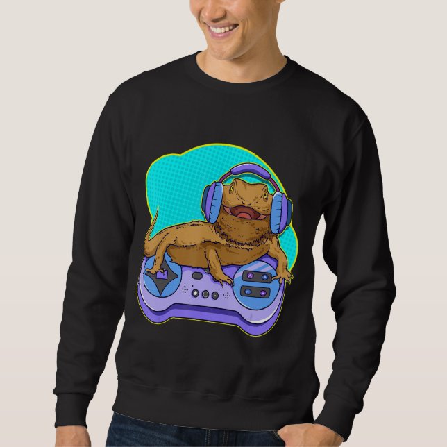 Funny Bearded Dragon Gamer Computer Game Player Li Sweatshirt (Front)