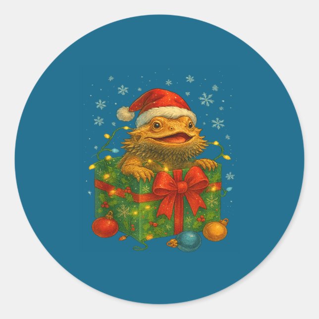 Funny Bearded Dragons Santa Christmas Tree Lights  Classic Round Sticker (Front)