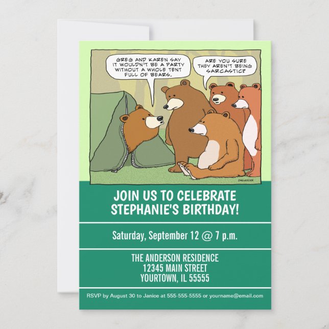 Funny Bears Outside Tent Birthday Party Invitation (Front)