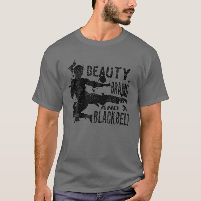 Funny Beauty Brains A Black Belt | Cute Karate Quo T-Shirt (Front)