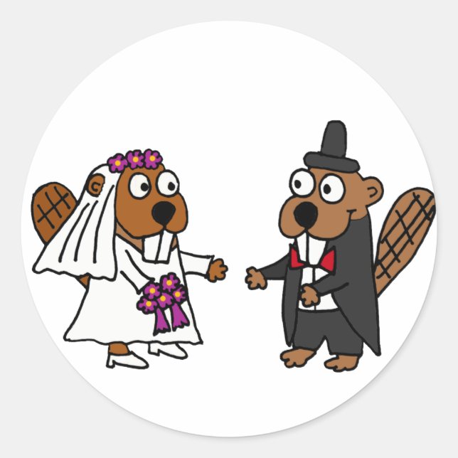 Funny Beaver Bride and Groom Wedding Classic Round Sticker (Front)