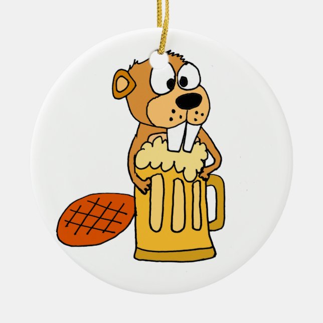 Funny Beaver Drinking Beer Ceramic Tree Decoration (Front)