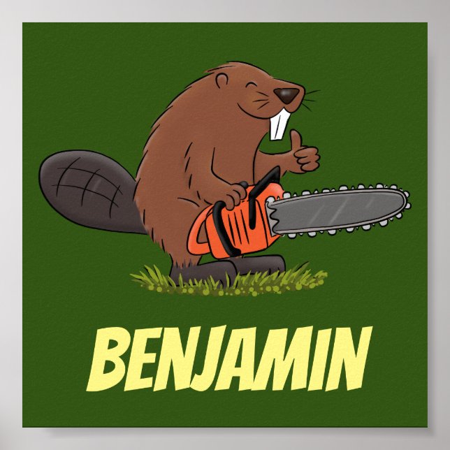 Funny beaver with chainsaw cartoon humor poster (Front)