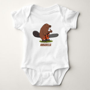 Funny beaver with chainsaw cartoon humour baby bodysuit