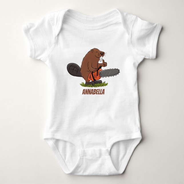 Funny beaver with chainsaw cartoon humour baby bodysuit (Front)