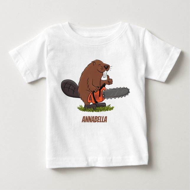 Funny beaver with chainsaw cartoon humour baby T-Shirt (Front)