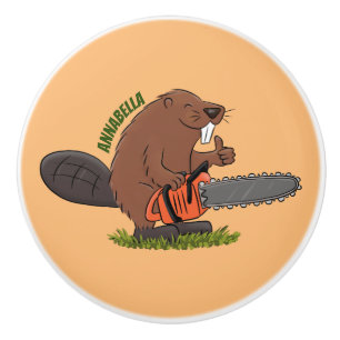 Funny beaver with chainsaw cartoon humour ceramic knob