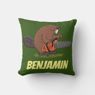 Funny beaver with chainsaw cartoon humour cushion
