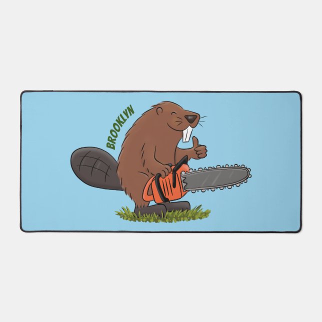 Funny beaver with chainsaw cartoon humour desk mat (Front)