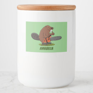 Funny beaver with chainsaw cartoon humour food label