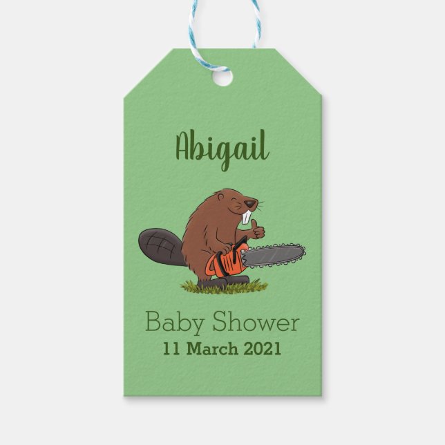 Funny beaver with chainsaw cartoon humour gift tags (Front)