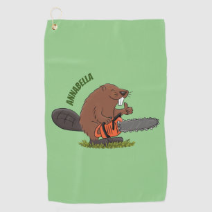 Funny beaver with chainsaw cartoon humour golf towel