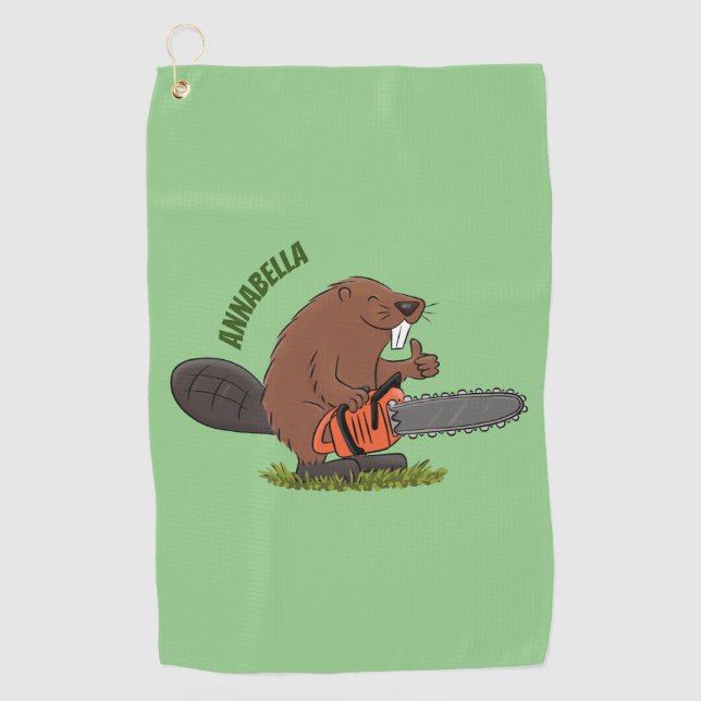 Funny beaver with chainsaw cartoon humour  golf towel (Front)