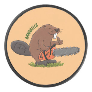 Funny beaver with chainsaw cartoon humour hockey puck