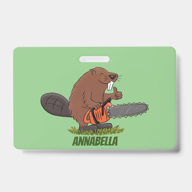 Funny beaver with chainsaw cartoon humour ID badge (Front)
