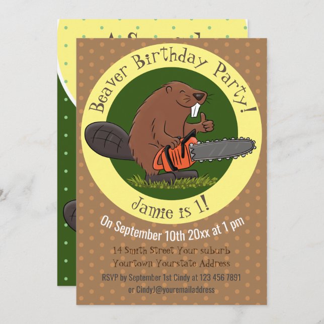 Funny beaver with chainsaw cartoon humour invitation (Front/Back)