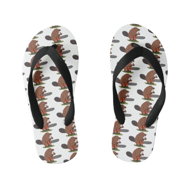 Funny beaver with chainsaw cartoon humour kid's jandals (Footbed)