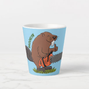 Funny beaver with chainsaw cartoon humour latte mug