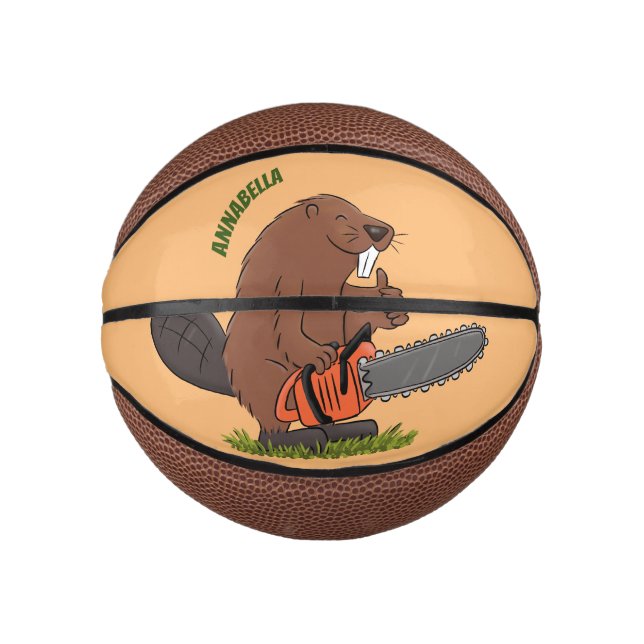 Funny beaver with chainsaw cartoon humour mini basketball (Front)