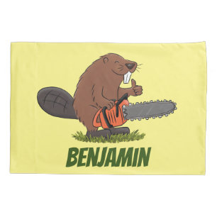 Funny beaver with chainsaw cartoon humour pillowcase