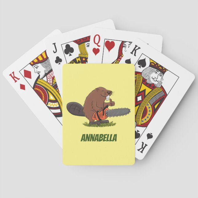Funny beaver with chainsaw cartoon humour playing cards (Back)