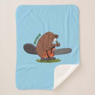 Funny beaver with chainsaw cartoon humour sherpa blanket