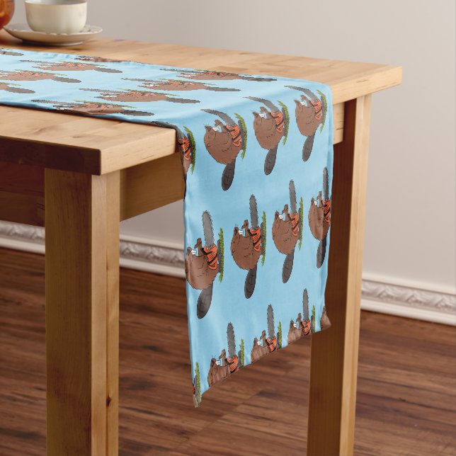 Funny beaver with chainsaw cartoon humour  short table runner (In Situ)